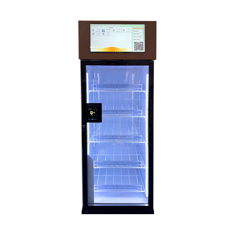 Weimi refrigerated dessert vending machine front view with touchscreen display and illuminated shelves