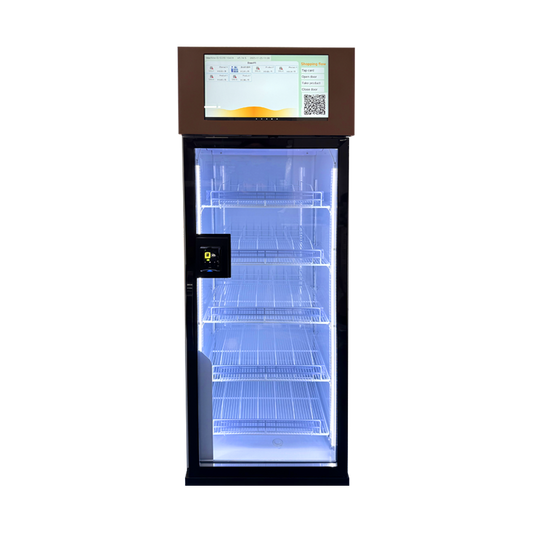 Weimi refrigerated dessert vending machine front view with touchscreen display and illuminated shelves