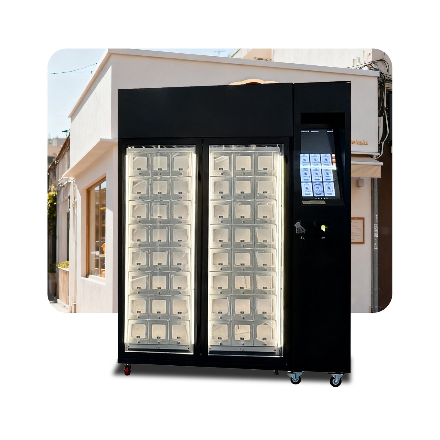 Weimi smart bakery vending machine with tilting touchscreen for placing in outside. 