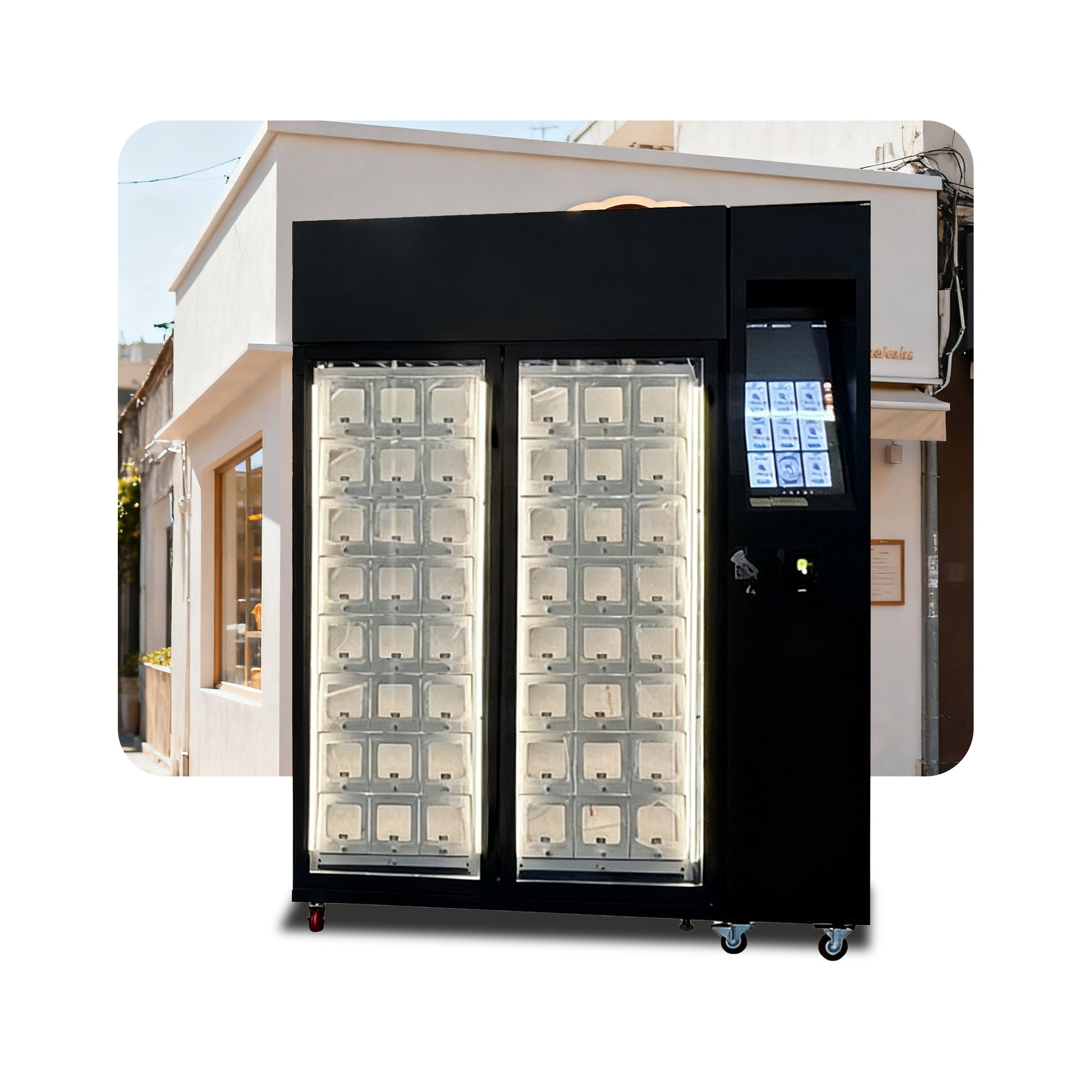 Weimi smart bakery vending machine with tilting touchscreen for placing in outside. 