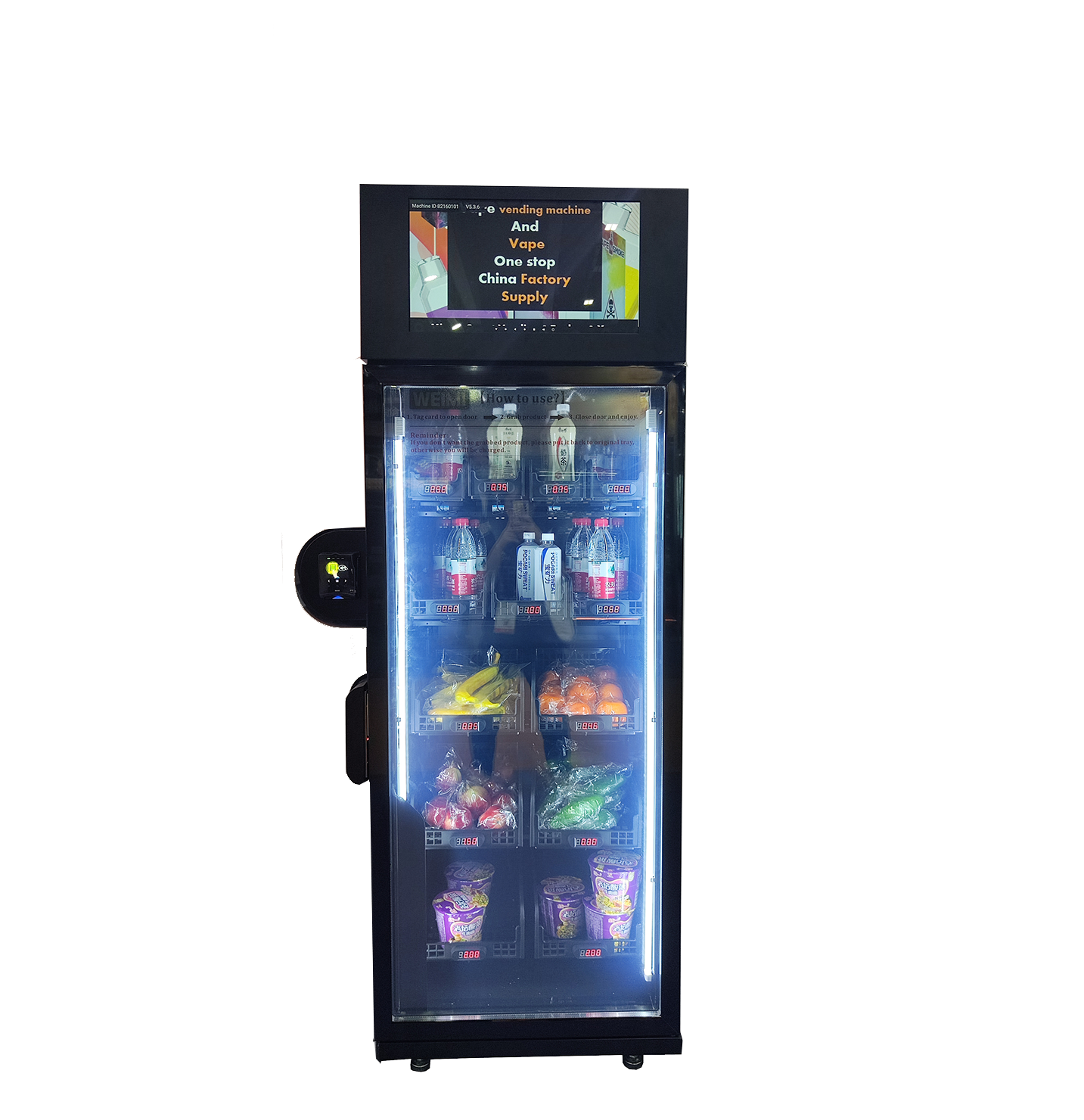 Weimi slim size grab and go vending machine with LCD screen. Cooling system for long shelf-life