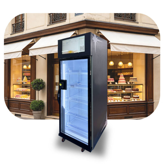 Weimi AI smart dessert vending machine with glass door open, placed outside a bakery storefront