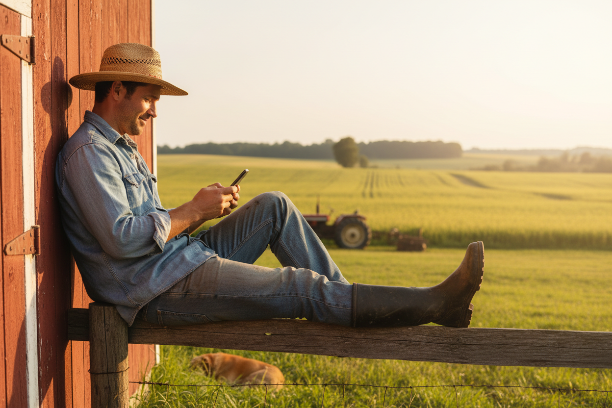 Farmer checking phone during break. No need be in site, just via phone, they can check sales data and inventory