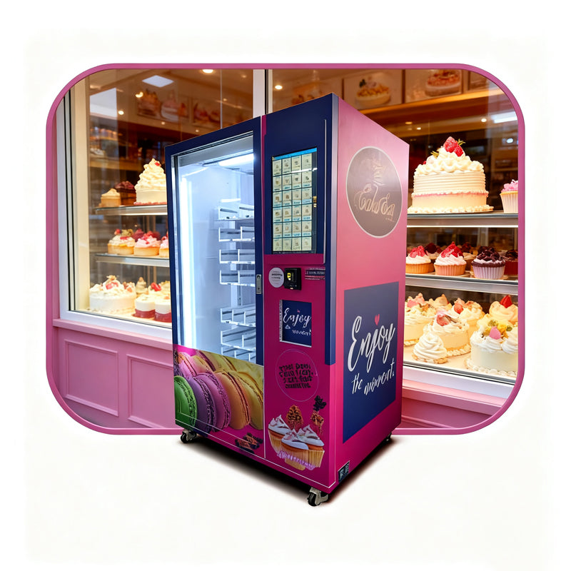 Weimi macaroon vending machine with xy axis elevator and middle pick-up port. Customizable stickers branding expanding.