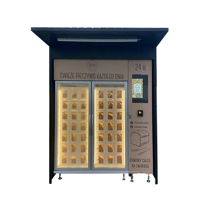 Outdoor bread vending machine. 42 lockers for large capacity. Shelter for preventing hard weathers.